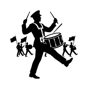 Black silhouette of a marching band leader playing a drum with a group of musicians walking in a parade formation isolated on transparent background, Vector