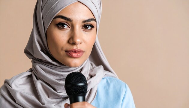 A woman wearing a hijab holds a microphone