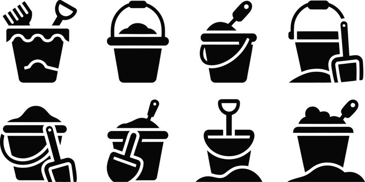 Beach Bucket Icon Set Collection with Sand Pail Shovel Toy Summer Vector Symbols