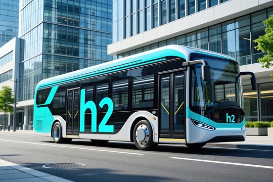 Modern city bus with H2 logo drives on road. This clean energy vehicle uses hydrogen fuel cells. Futuristic public transport travels near office buildings.