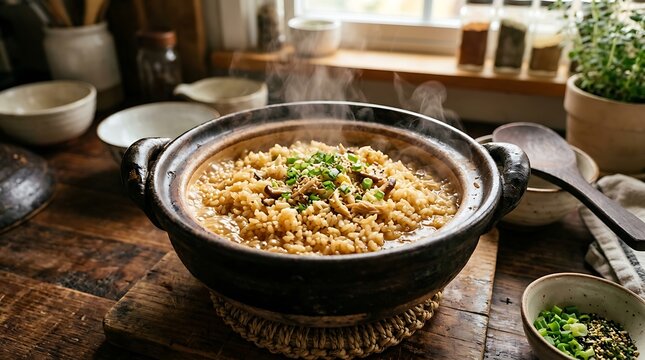 Steaming Japanese Takikomi Gohan in Traditional Clay Pot