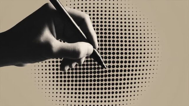 Hand holding a pen drawing on a sepia toned background with a halftone dot pattern writing
