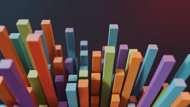Colorful 3D bar graph with varying heights against a dark background chart data