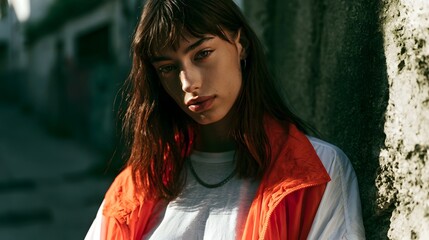 Fototapeta premium A young woman with dark hair and bangs wears an orange and white jacket while leaning against a textured concrete wall under bright sunlight