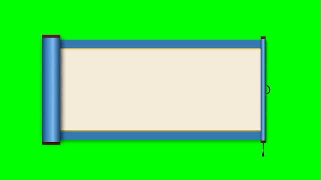 Blue chinese scroll unfolding on a green screen for custom text and design