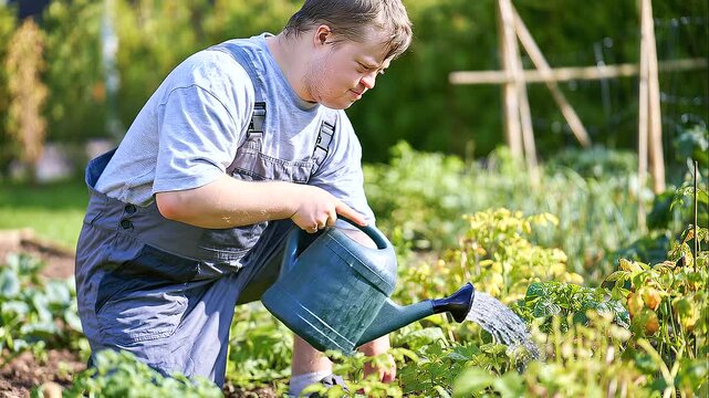 Disability Inclusion Concept Featuring Young Adult Caring for Garden Plants Inclusive gardening scene showing a young man with Down syndrome taking care of plants, watering flowers