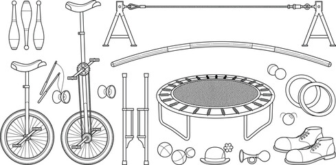 Circus and acrobatics equipment vector icons set with unicycle stilts trampoline and juggling pins © IconicCreations