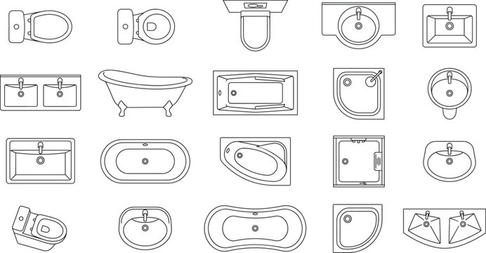 Bathroom plumbing fixtures icons set with top view bathtub toilet and sink outline vector elements