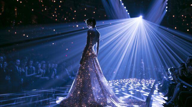 A glamorous evening fashion show with sparkling gowns and dazzling stage lighting
