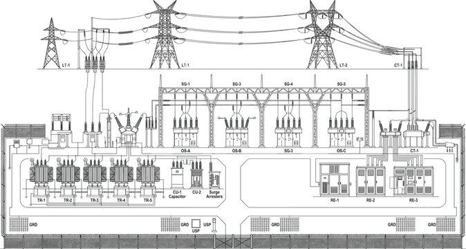 Electrical substation engineering layout vector line art diagram with high voltage power line towers