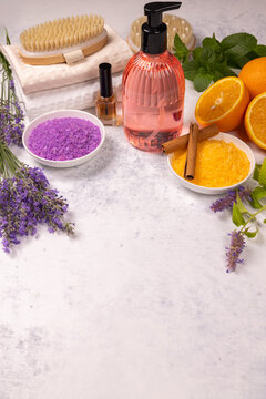 Spa wellness items with lavender and orange bath salts
