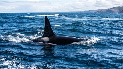 Naklejka premium A majestic killer whale breaching from the ocean with snow-capped mountains in the background under clear daylight, showcasing the beauty of Arctic marine wildlife in its natural habitat.