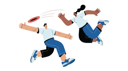 Obraz premium Man and woman jumping and running to catch a red flying disc or frisbee, illustrating outdoor sports, fitness, and active lifestyle.