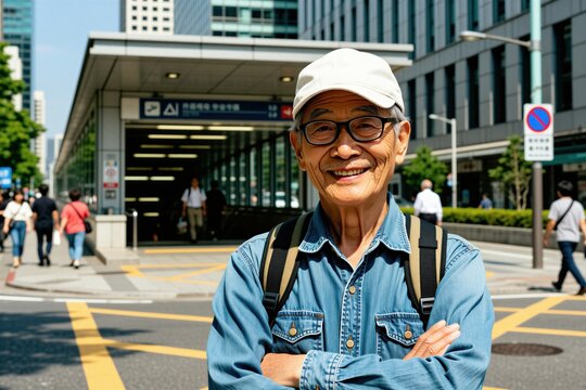Happy senior Asian man with white cap, glasses smiles in city street. Retired male traveler stands near subway station entrance wearing blue denim shirt, backpack. Elder tourist enjoys sunny day