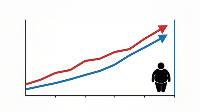 Obesity rate statistics chart showing rising trend lines with a human silhouette icon on a clean white background.