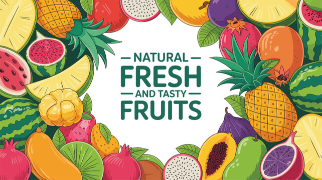 Colorful border frame made of various tropical fruits like watermelon, pineapple, and dragon fruit with the text natural fresh and tasty fruits.
