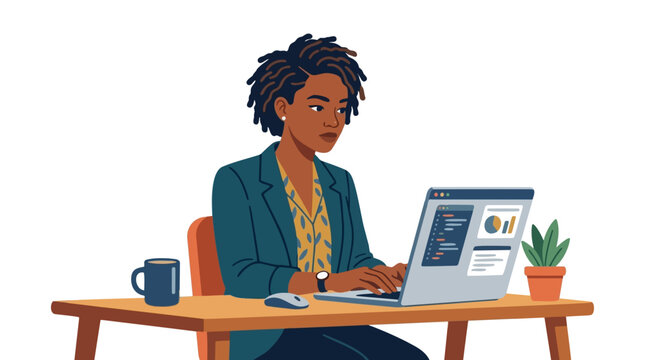 Woman with dreadlocks working on laptop at desk with coffee and plant vector