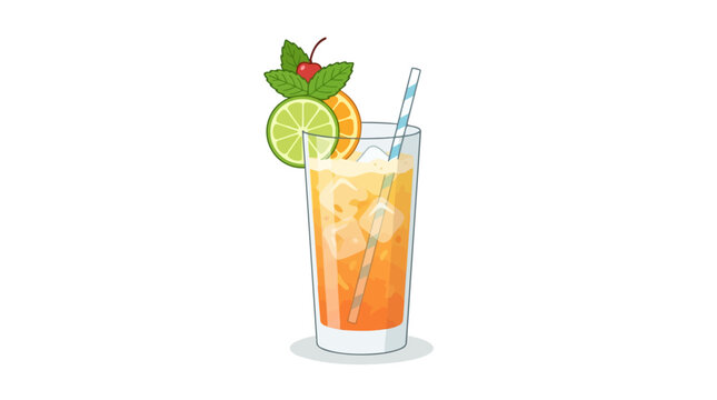 Refreshing orange cocktail with lime, orange slice, cherry, mint and straw on white background vector