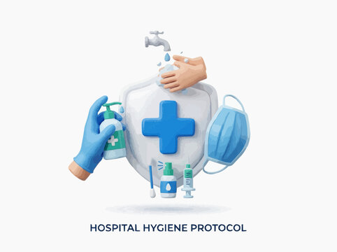 Hospital hygiene protocol illustration with hand washing, face mask, sanitizer, and medical cross for healthcare and safety concept.