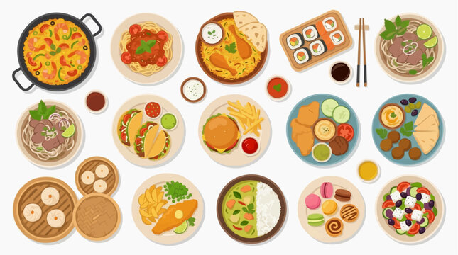 An overhead view of various delicious food dishes for the concept of international cuisine and culinary diversity.