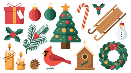 Fototapeta premium Diverse set of christmas icons including a decorated tree, red cardinal bird, wreath, sled, and candles on a white background.