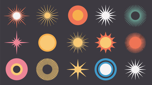 Various sun and starburst shapes in vintage colors are arranged in a grid pattern against a dark purple background for design.