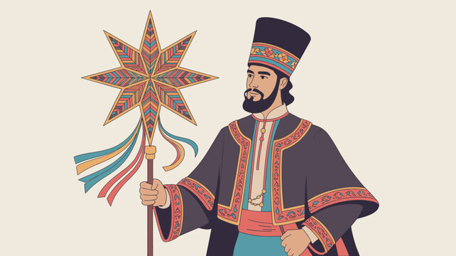 Man dressed in ornate traditional ukrainian clothing holds a large colorful christmas star for caroling during winter.