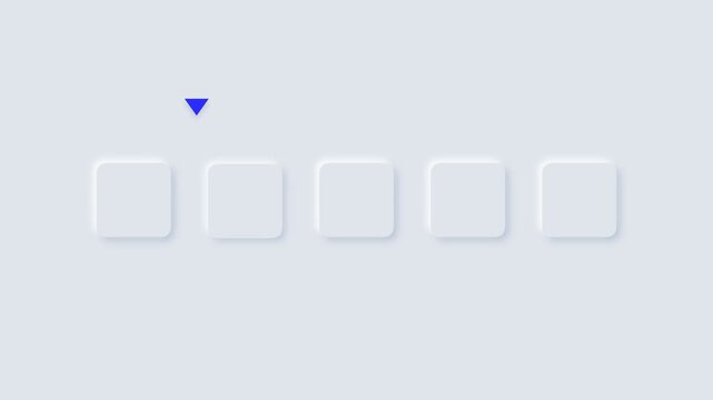 Neumorphic rating interface with five square buttons and blue selection arrow