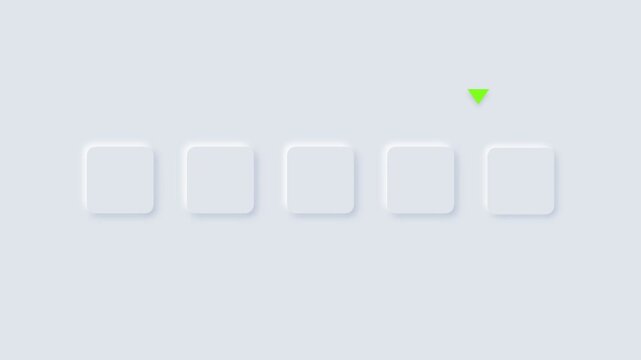 Neumorphic rating interface with five square buttons and a green selection arrow