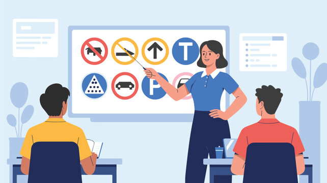 Female instructor pointing at various traffic and road signs on a whiteboard while teaching a class of two adult students at a driving school.