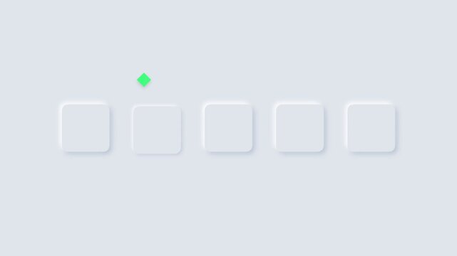 Neumorphic loading animation with square boxes and a moving green diamond indicator