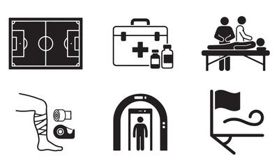 Set of sports medicine and stadium icons including soccer field, medical kit, massage therapy, leg injury treatment, security scanner, and corner flag © Misu