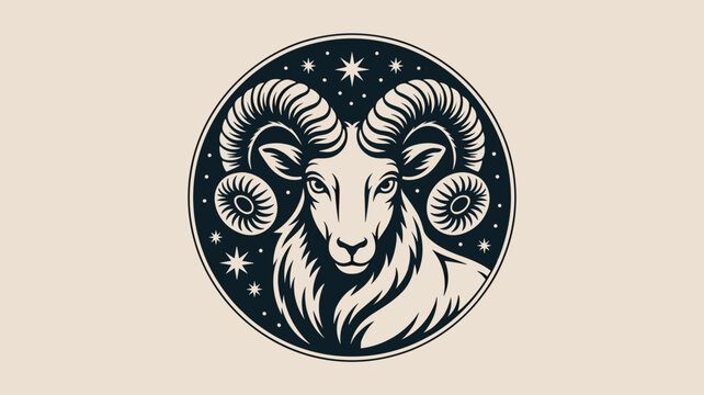 Intricate zodiac symbol of Aries the ram set within a circular frame surrounded by mystical stars in a classic black and white style.