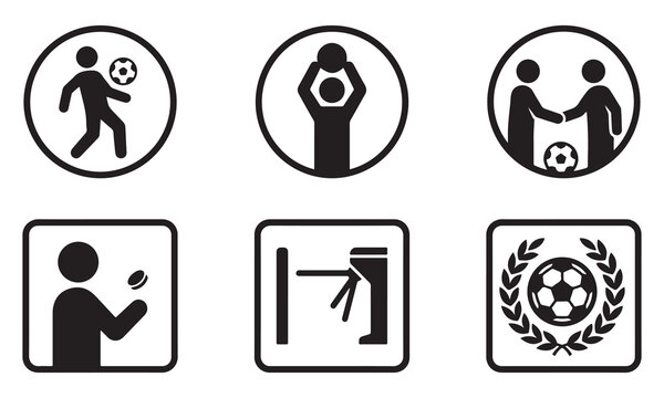 Set of football and soccer icons including player, ball, handshake, turnstile, and trophy emblem