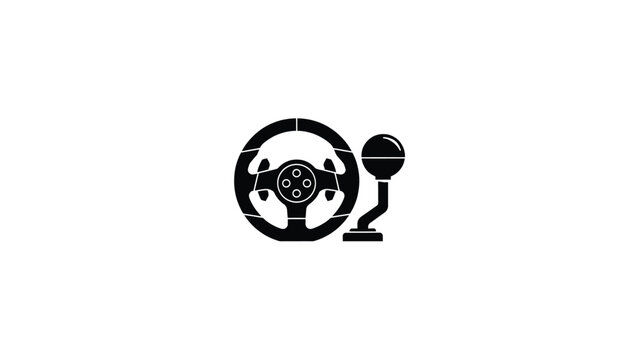 A detailed black and white vector illustration of a racing steering wheel combined with a manual gear shift stick icon
