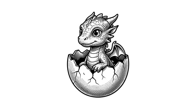 Baby dragon hatching from egg in vintage etching style