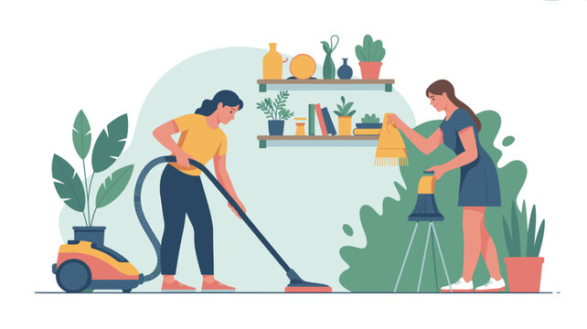 Two women work together to clean a stylish room with one vacuuming the floor and the other dusting shelves and plants in a home environment.