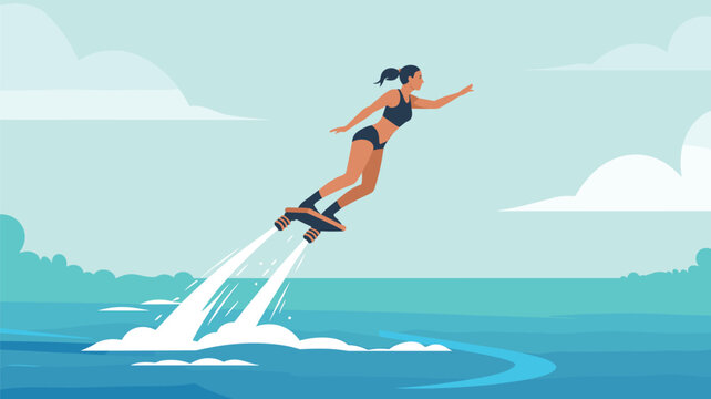 Athletic woman performs an exciting flyboard stunt over the ocean spray against a tropical coastal background for adventure sports fans.