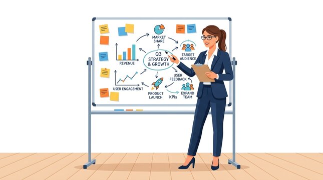 Businesswoman presenting q3 strategy and growth plan on whiteboard