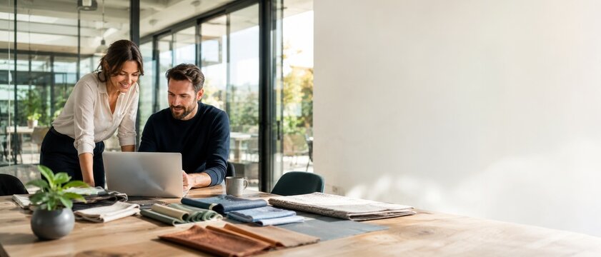 Two coworkers reviewing material samples at a laptop in office
