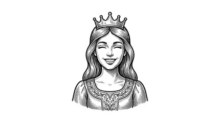 Smiling princess wearing crown engraving illustration. © ifa