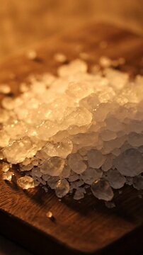 Coarse sea salt crystals on rustic wooden board close up.