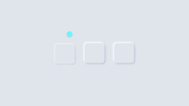Neumorphism loading animation with blue dot jumping over white square buttons