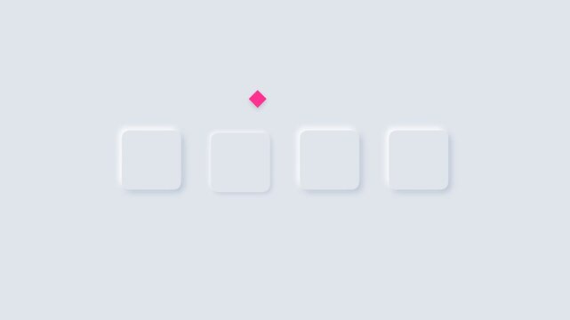 Loading animation with bouncing pink diamond shape over white square buttons