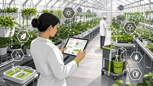 Scientists monitoring greenhouse plants with digital dashboard illustration