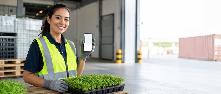 Warehouse worker holding smartphone beside tray of green seedlings