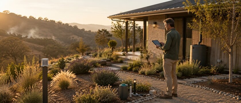 Man using tablet outside modern house in hillside garden