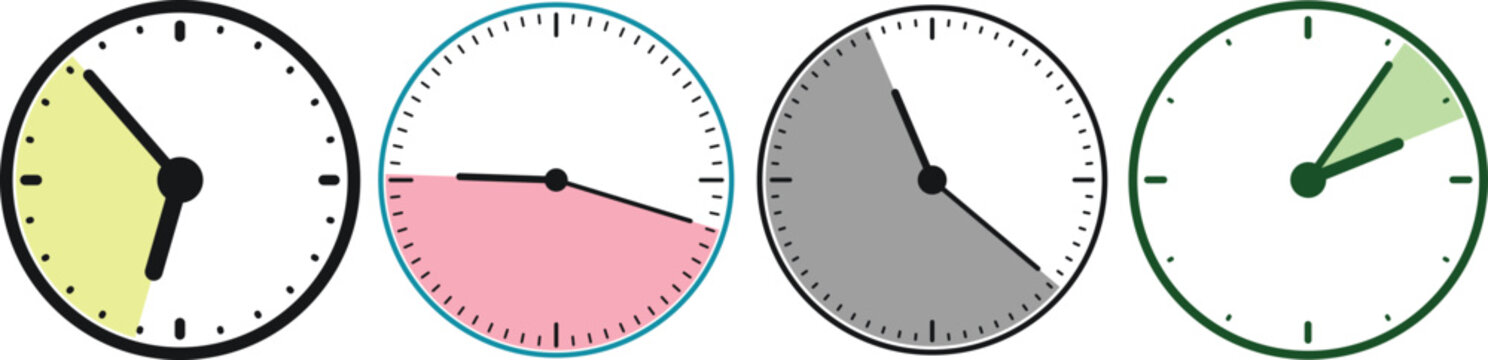 Minimalist analog clock icons with colorful time segments, set of 4 round watch faces, flat vector illustration for productivity and scheduling