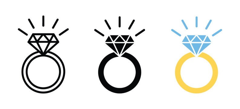 Wedding Ring Icon with Diamond Engagement Ring, Jewelry Logo, Proposal Symbol and Brilliant Gold Jewellery Vector Illustration