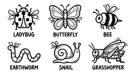 Cute Insects and Bugs Vector Doodle Icon Set with Labels: Hand Drawn Cartoon Garden Creatures Featuring Ladybug, Butterfly, Bee, Earthworm, Snail and Grasshopper © Muhammad